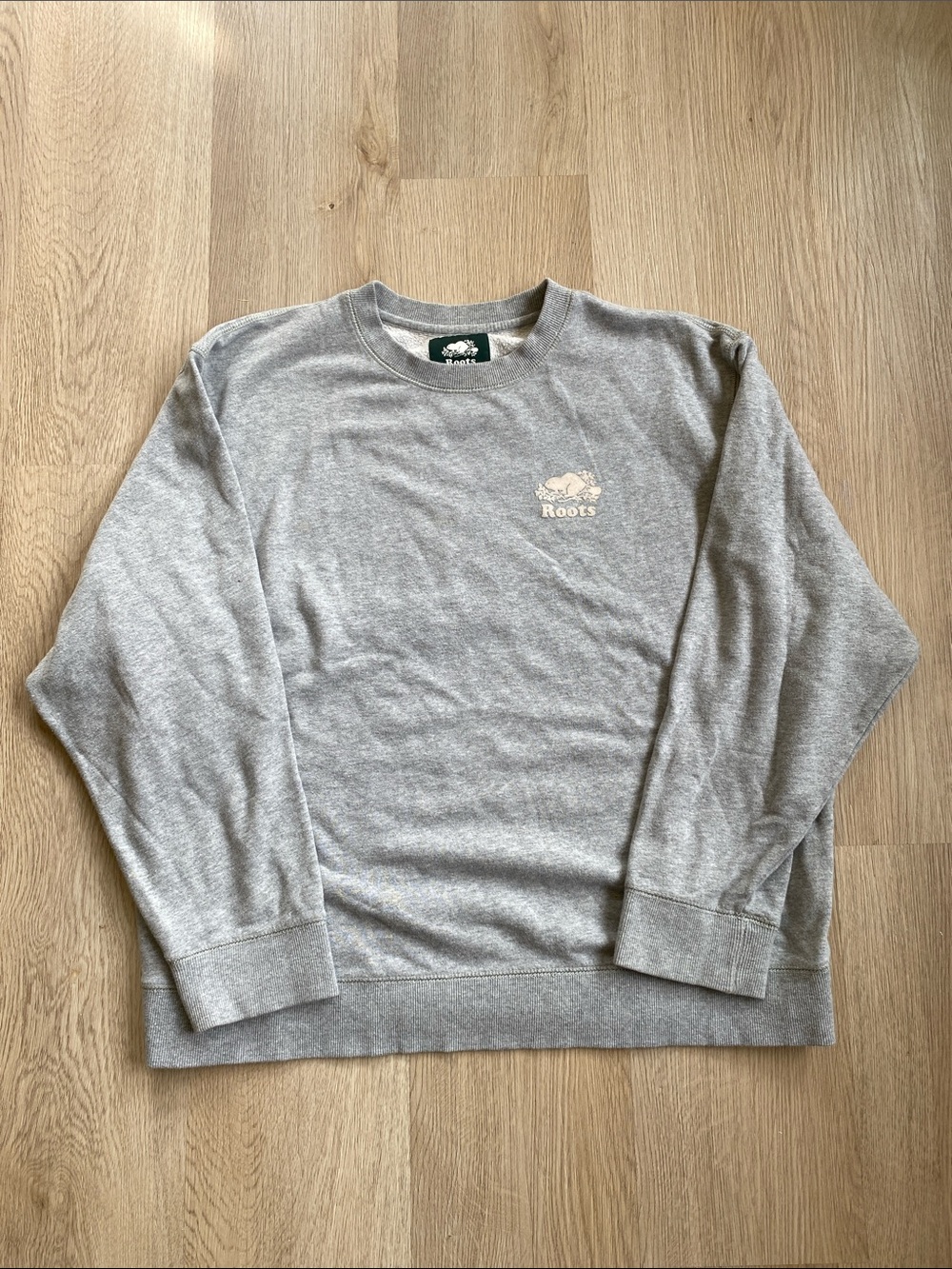 Roots Grey Fleece Crewneck Sweatshirt XL Organic Cotton Beaver Logo Pullover - Picture 2 of 12